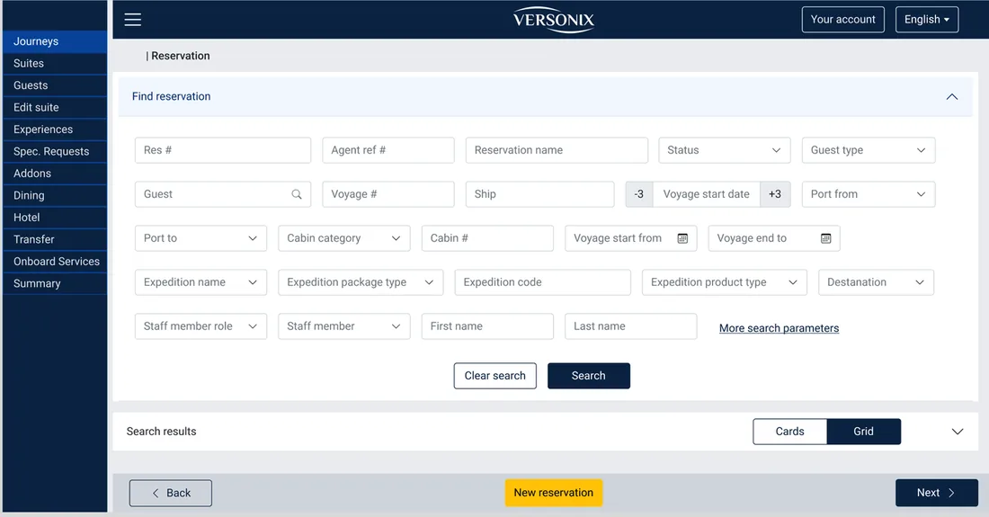 Find Reservation screen — structured lookup with results area