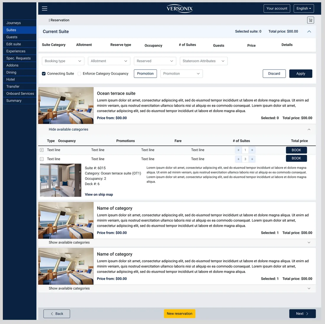 Suite selection screen with expandable categories and multi-cabin booking